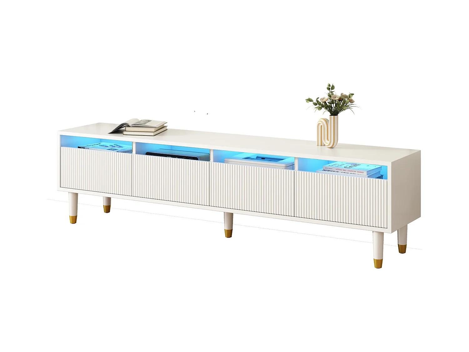 Moderno mueble TV LED y mesa de centro, diseño blanco y dorado, MDF, con 4 puertas y 2 cajones, iluminación LED integrada (110x50x40 cm / 178x35x45 cm)
