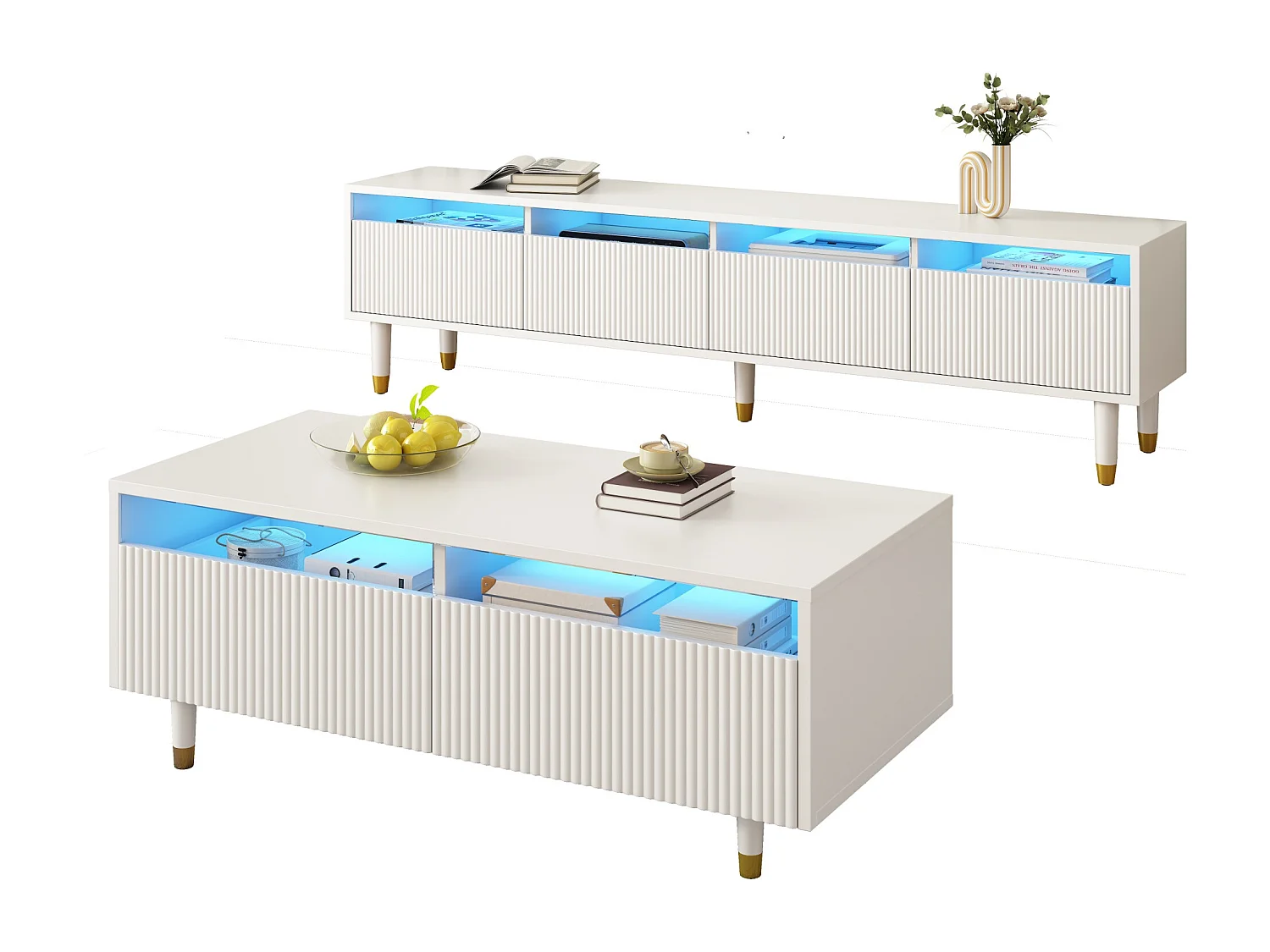 Mobile porta TV e tavolino moderno a LED, design bianco e oro, MDF, con 4 ante e 2 cassetti, illuminazione a LED integrata (110x50x40 cm / 178x35x45 cm)