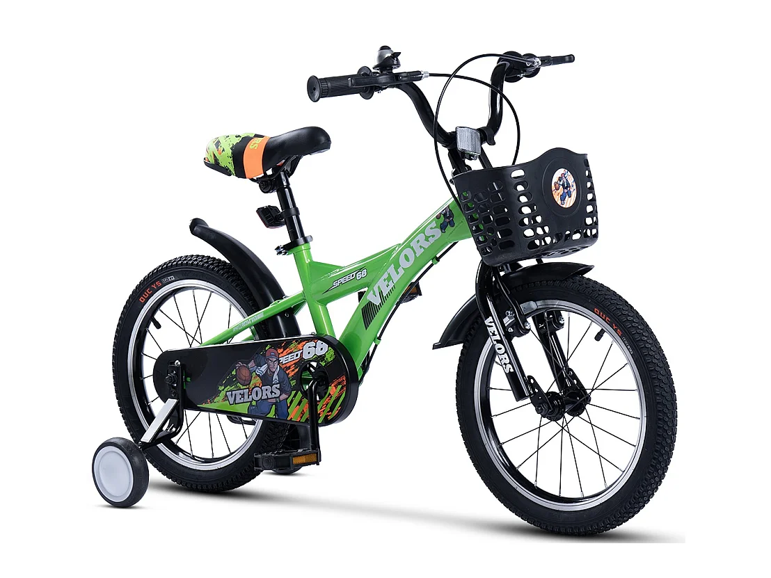 Vélo enfant 16 pouces avec roues stabilisatrices, cadre acier, frein double et pneus ville, vert (96x45x18 cm)