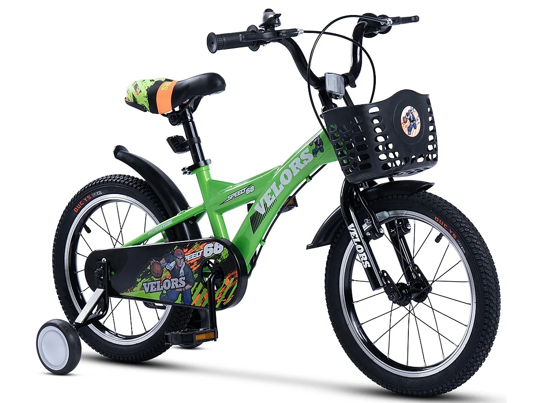 Bicicleta infantil de 16 pulgadas con ruedas de entrenamiento, cuadro de acero, doble freno y neumáticos de ciudad, verde (96x45x18 cm)