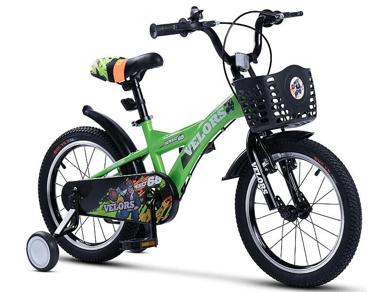 Vélo enfant 16 pouces avec roues stabilisatrices, cadre acier, frein double et pneus ville, vert (96x45x18 cm)