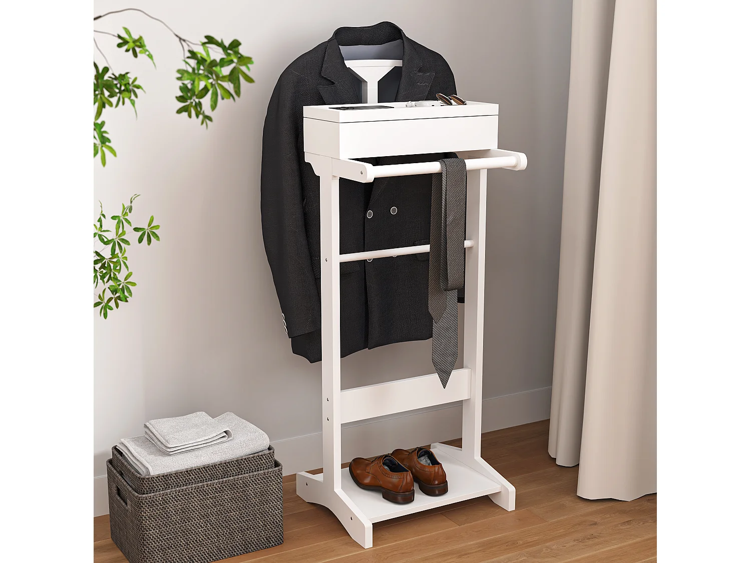 Porte-vêtements portable avec rangement, design multifonctionnel, MDF et bois massif, blanc (44x36.5x110 cm)