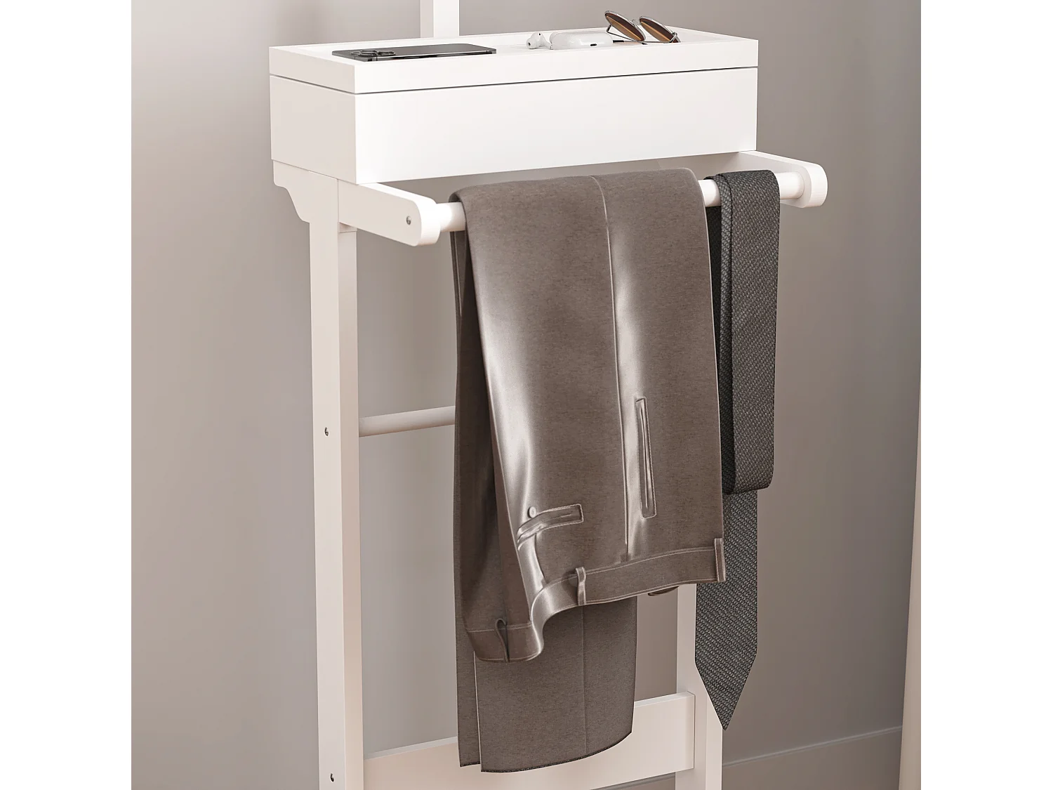 Porte-vêtements portable avec rangement, design multifonctionnel, MDF et bois massif, blanc (44x36.5x110 cm)