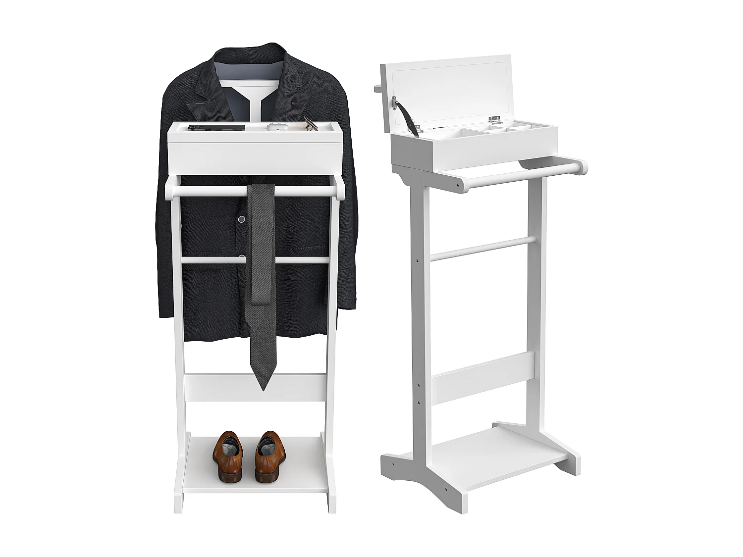 Porte-vêtements portable avec rangement, design multifonctionnel, MDF et bois massif, blanc (44x36.5x110 cm)