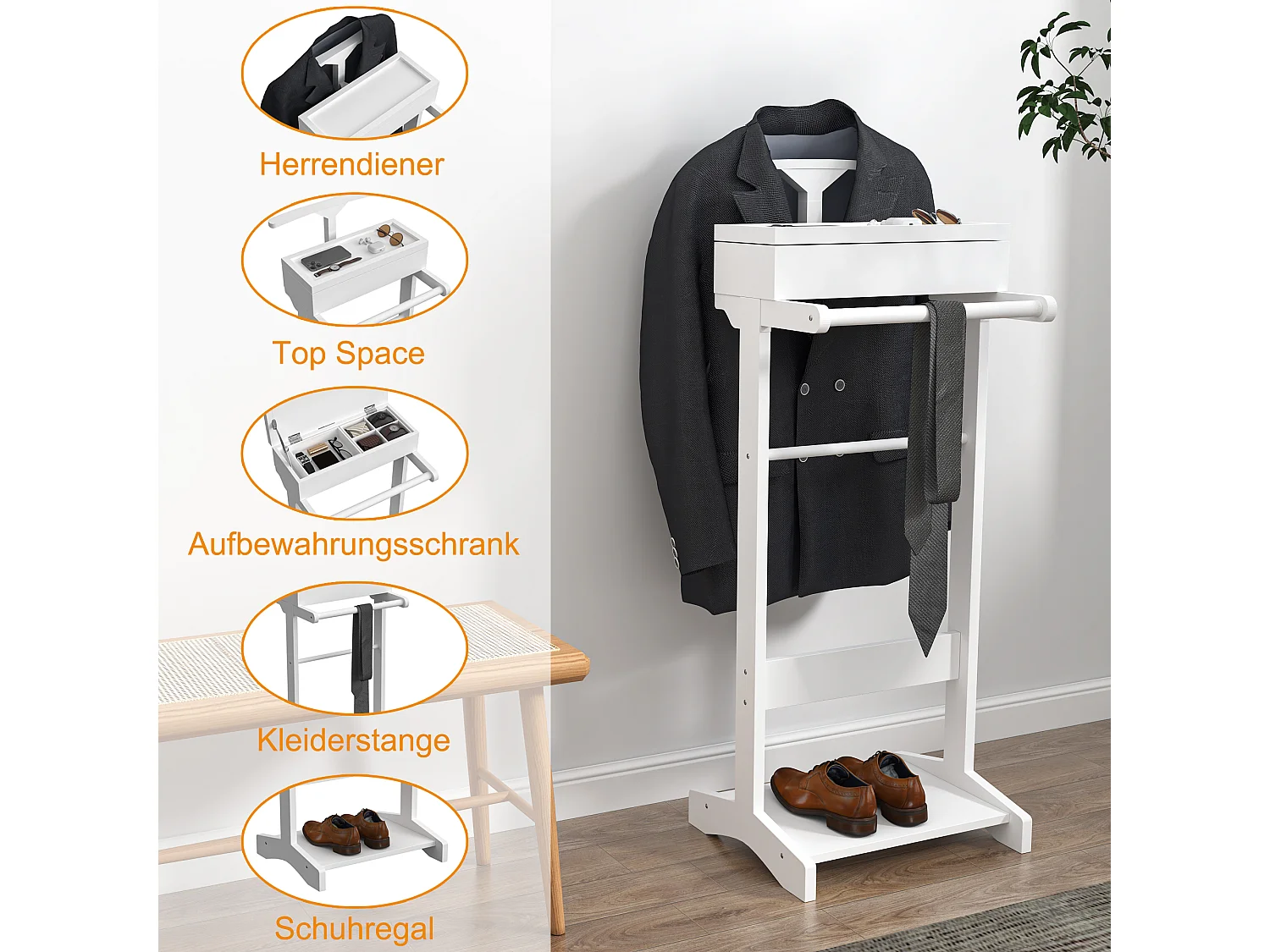 Porte-vêtements portable avec rangement, design multifonctionnel, MDF et bois massif, blanc (44x36.5x110 cm)