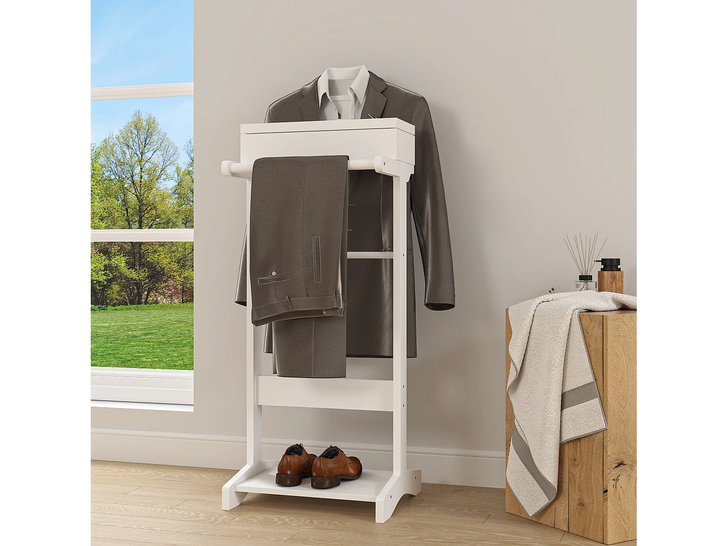 Porte-vêtements portable avec rangement, design multifonctionnel, MDF et bois massif, blanc (44x36.5x110 cm)