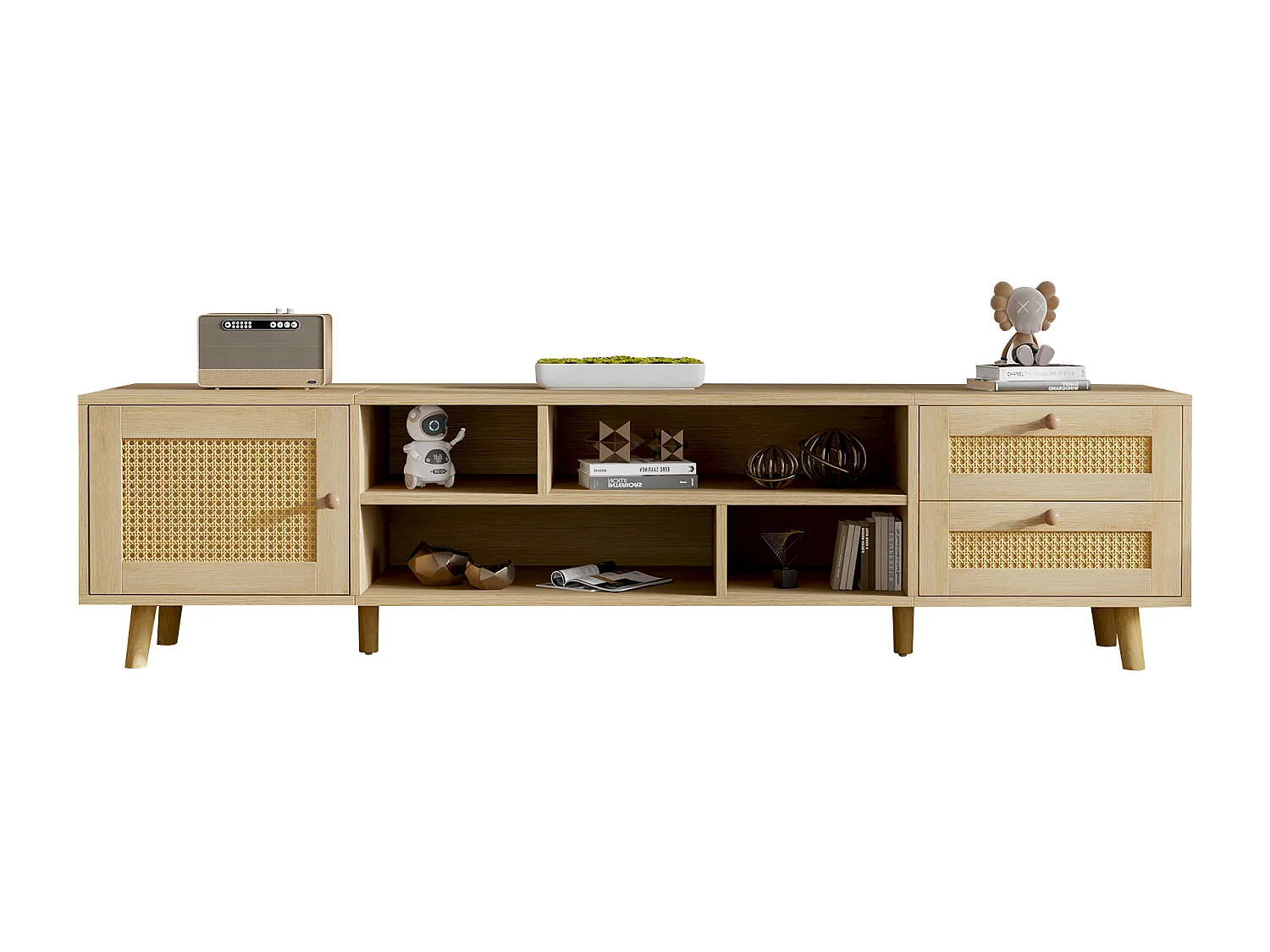 Mueble de TV de ratán color roble con pasacables, 2 cajones y 1 puerta, tablero de partículas (160x39x40,5cm)