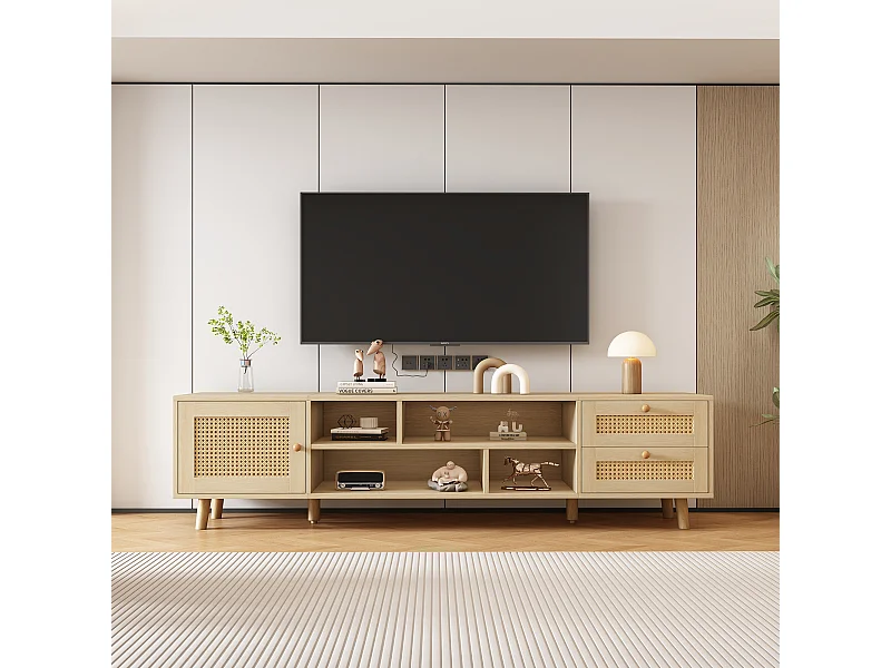 Mueble de TV de ratán color roble con pasacables, 2 cajones y 1 puerta, tablero de partículas (160x39x40,5cm)