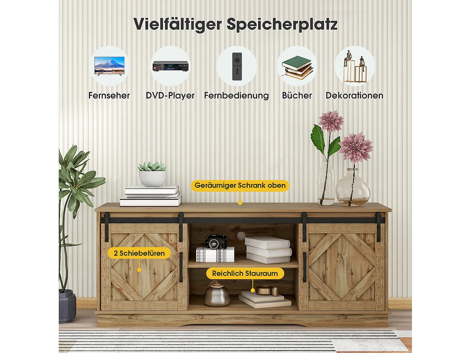 Meuble TV vintage à portes coulissantes, design moderne, panneau de particules, marron (150x40x60cm)