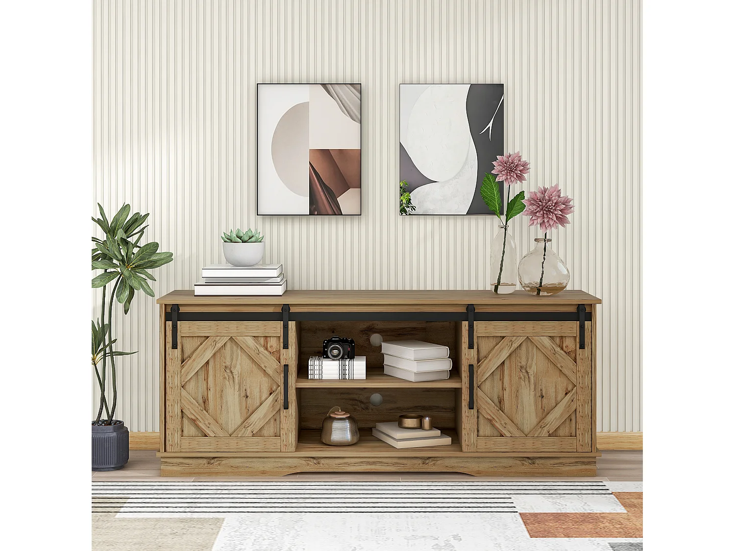 Meuble TV vintage à portes coulissantes, design moderne, panneau de particules, marron (150x40x60cm)