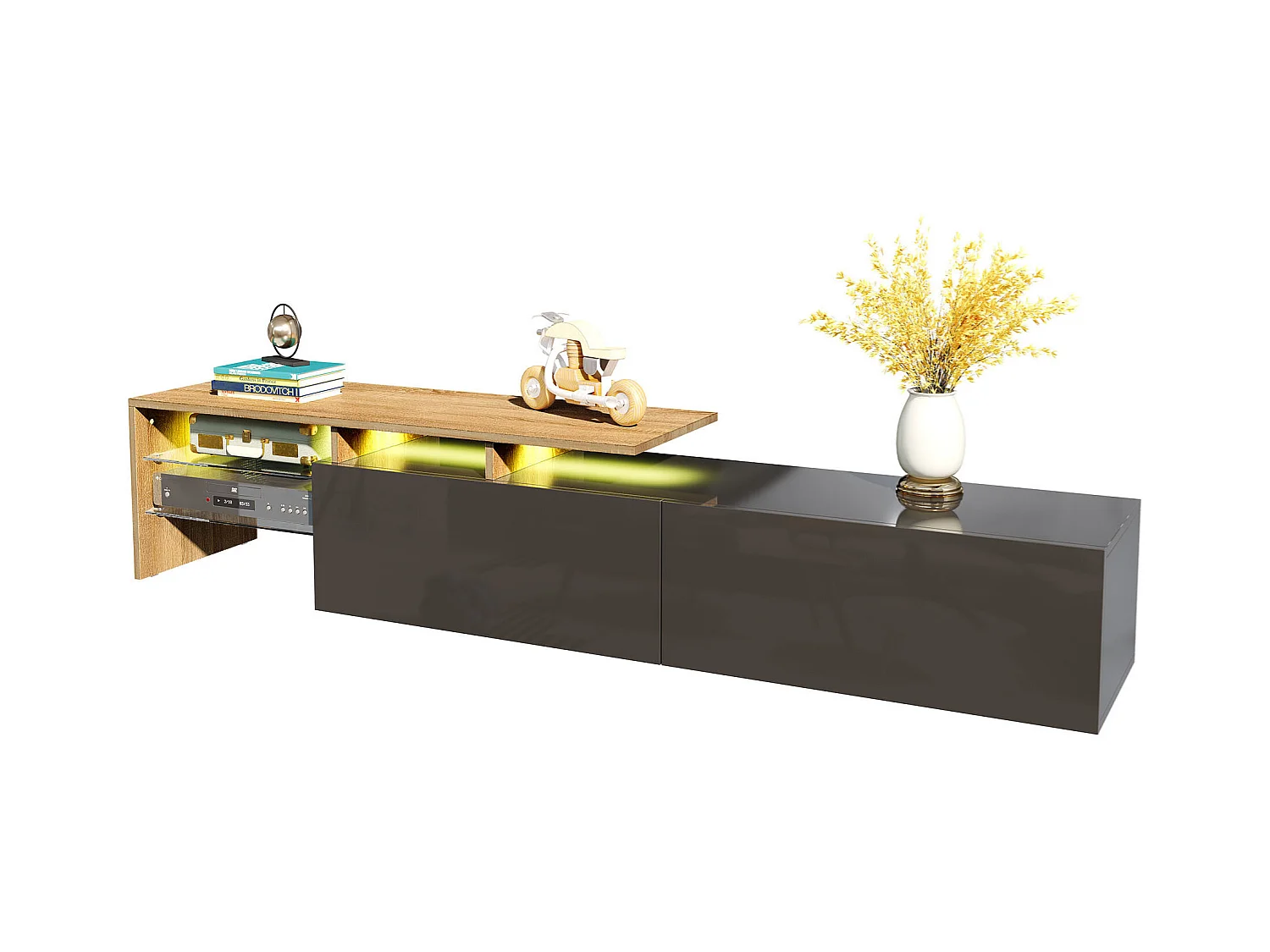 Meuble TV design moderne, élégant avec rangement pratique, finition noir brillant et bois, étagères en verre et éclairage LED (170x33x33.5cm)