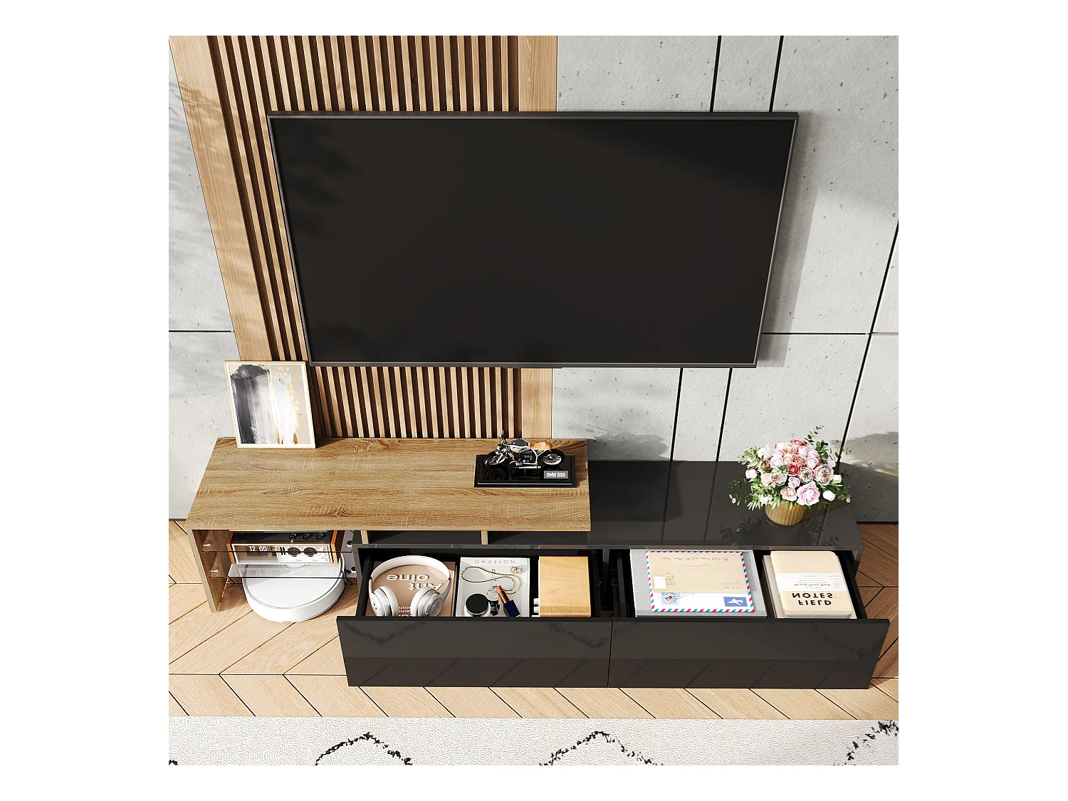 Meuble TV design moderne, élégant avec rangement pratique, finition noir brillant et bois, étagères en verre et éclairage LED (170x33x33.5cm)