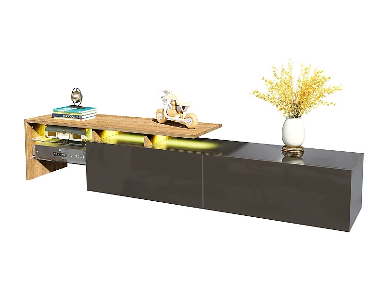 Meuble TV design moderne, élégant avec rangement pratique, finition noir brillant et bois, étagères en verre et éclairage LED (170x33x33.5cm)