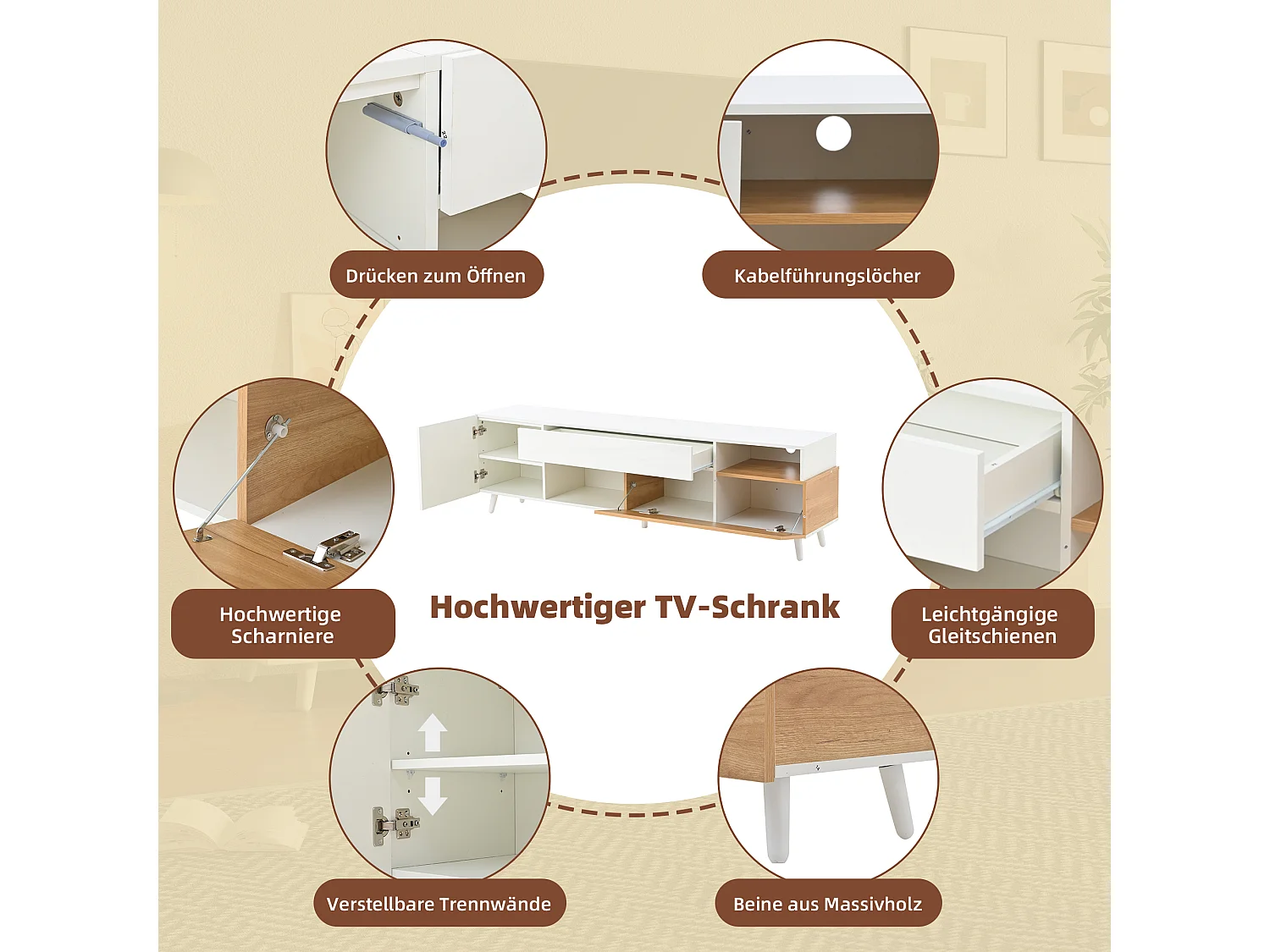 Meuble TV design haut de gamme, 7 compartiments de rangement, panneau de particules, avec 1 tiroir et 1 porte rabattable (180x38x50cm)