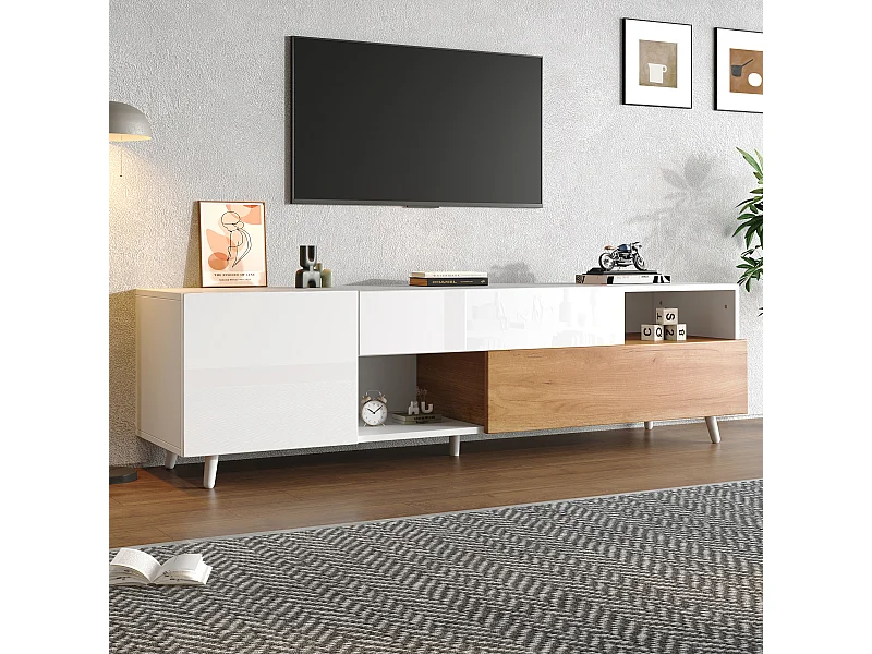 Meuble TV design haut de gamme, 7 compartiments de rangement, panneau de particules, avec 1 tiroir et 1 porte rabattable (180x38x50cm)