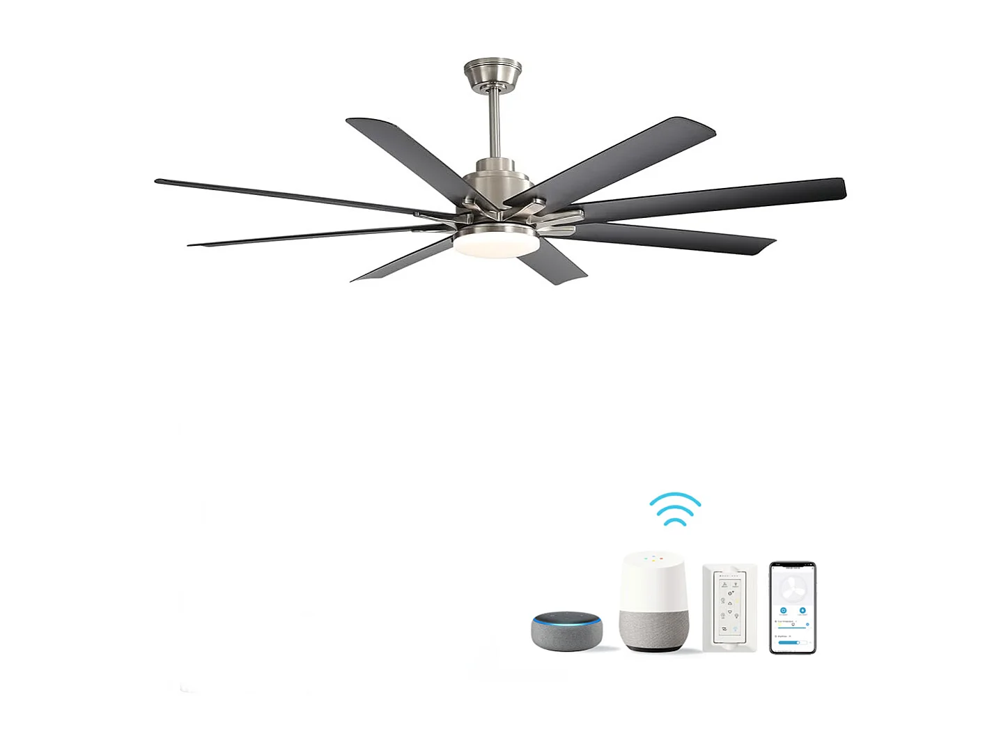 66" slimme plafondventilator met verstelbare LED-lamp, 8 bladen, ABS, geborsteld nikkel, omkeerbare DC-motor (167,64 x 167,64 x 35,56 cm)