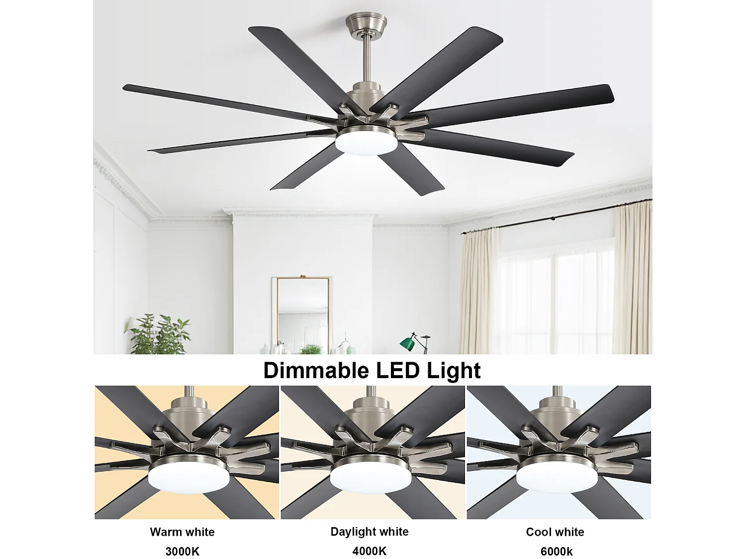 66" slimme plafondventilator met verstelbare LED-lamp, 8 bladen, ABS, geborsteld nikkel, omkeerbare DC-motor (167,64 x 167,64 x 35,56 cm)