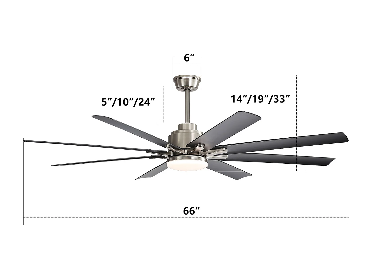 66" slimme plafondventilator met verstelbare LED-lamp, 8 bladen, ABS, geborsteld nikkel, omkeerbare DC-motor (167,64 x 167,64 x 35,56 cm)