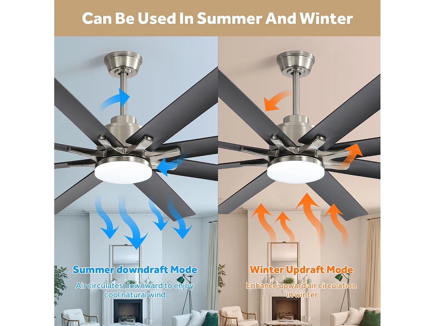 Ventilateur de plafond intelligent 66" avec éclairage LED réglable, 8 pales, ABS, nickel brossé, moteur DC réversible (167.64x167.64x35.56 cm)