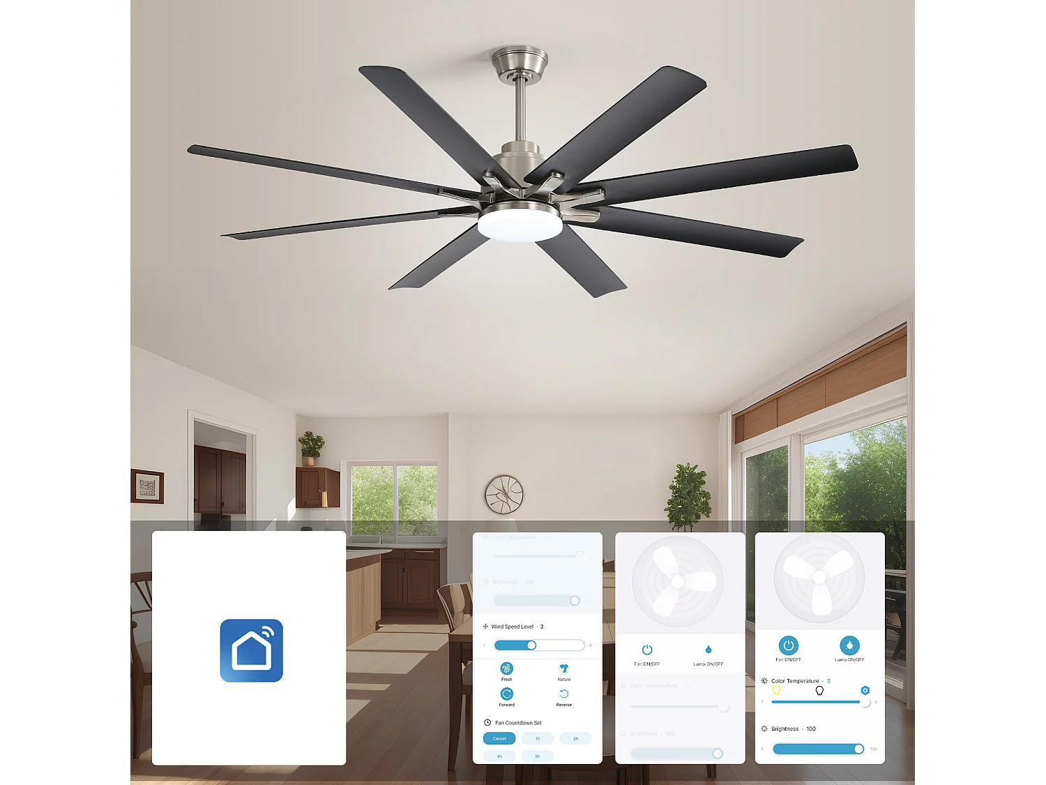 Ventilateur de plafond intelligent 66" avec éclairage LED réglable, 8 pales, ABS, nickel brossé, moteur DC réversible (167.64x167.64x35.56 cm)