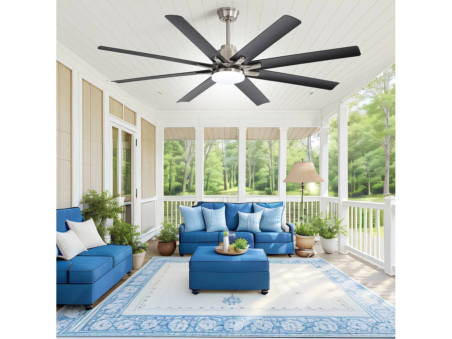 Ventilateur de plafond intelligent 66" avec éclairage LED réglable, 8 pales, ABS, nickel brossé, moteur DC réversible (167.64x167.64x35.56 cm)