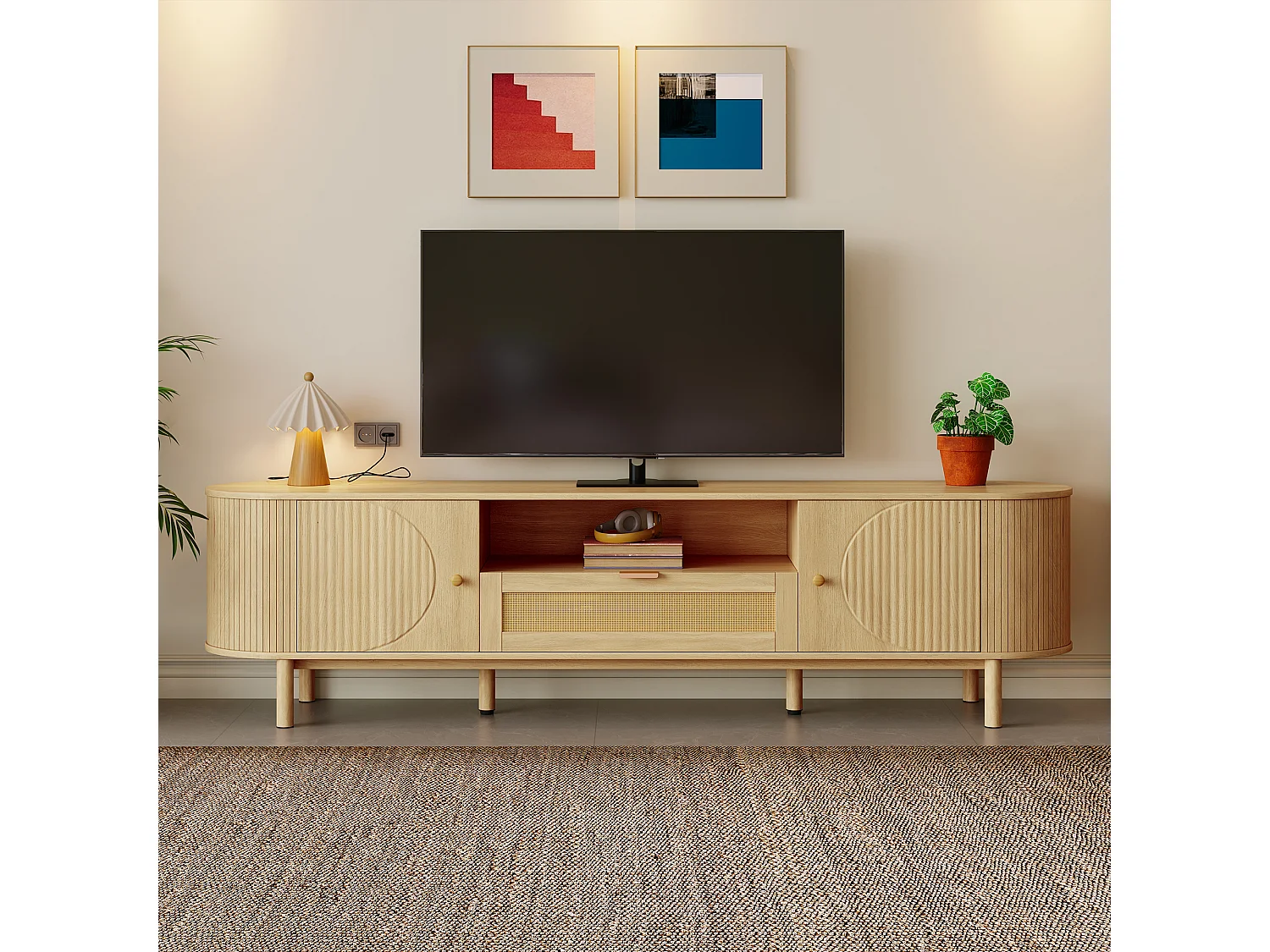 Meuble TV moderne avec tiroirs en rotin, plateau arrondi et pieds métalliques imitation bois, MDF, couleur naturelle (175x36x51cm)