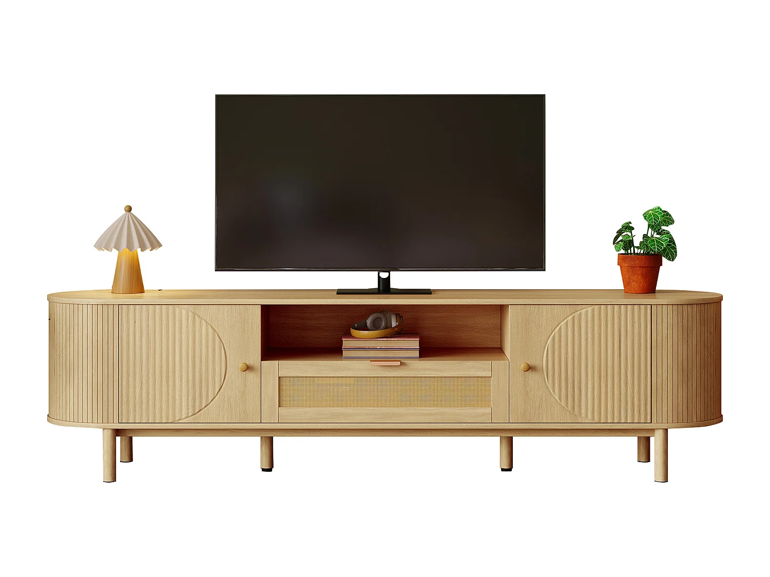 Meuble TV moderne avec tiroirs en rotin, plateau arrondi et pieds métalliques imitation bois, MDF, couleur naturelle (175x36x51cm)