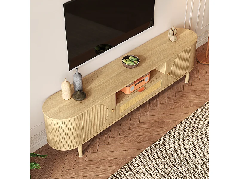 Meuble TV moderne avec tiroirs en rotin, plateau arrondi et pieds métalliques imitation bois, MDF, couleur naturelle (175x36x51cm)