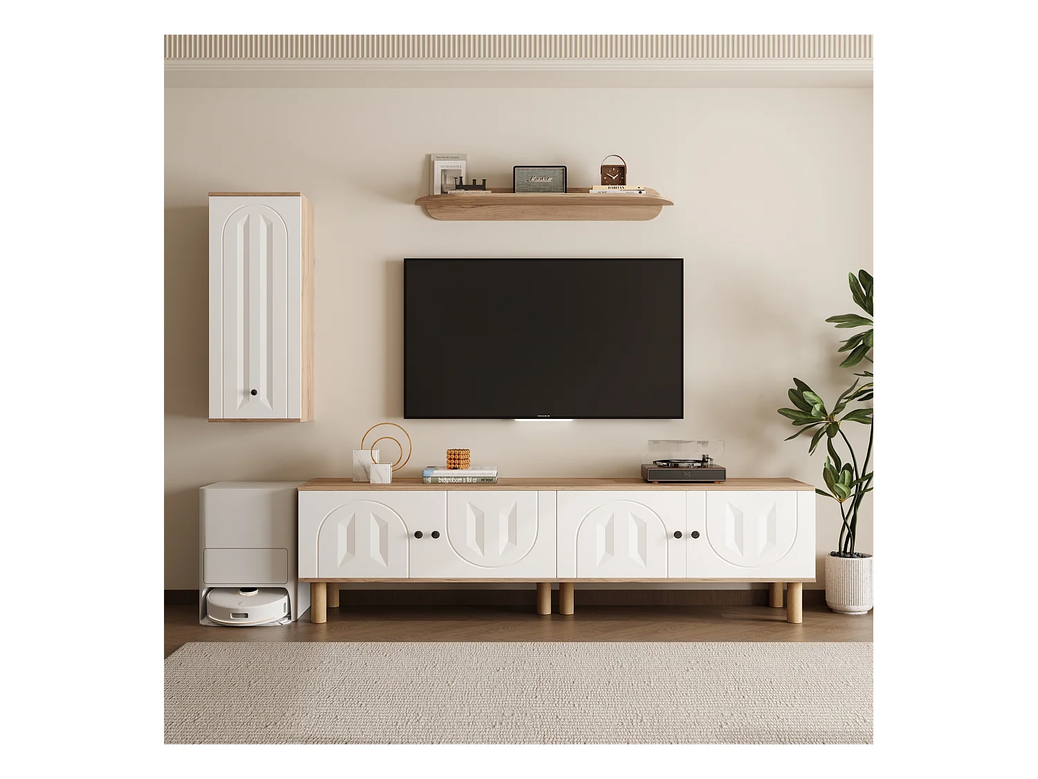 Meuble TV 3 en 1, design élégant avec portes sculptées, panneaux de particules, blanc et bois naturel (170x40x100 cm)