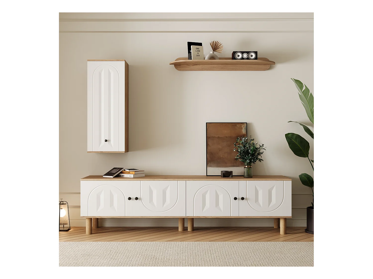 Meuble TV 3 en 1, design élégant avec portes sculptées, panneaux de particules, blanc et bois naturel (170x40x100 cm)