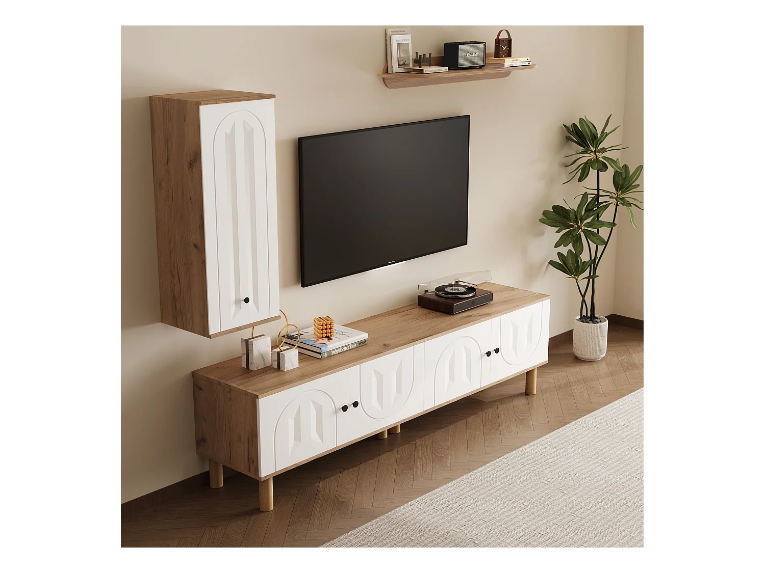 Meuble TV 3 en 1, design élégant avec portes sculptées, panneaux de particules, blanc et bois naturel (170x40x100 cm)