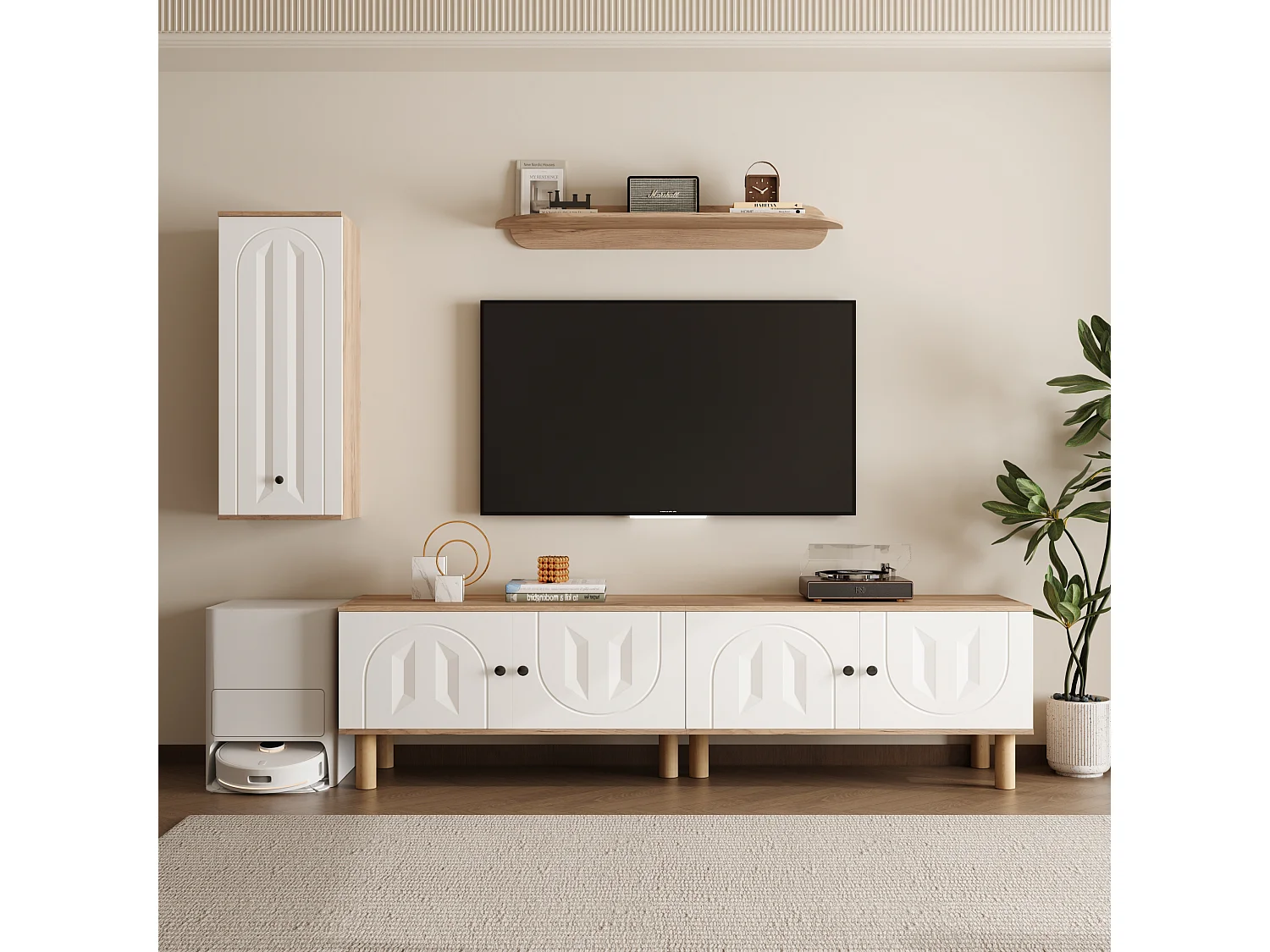 Meuble TV 3 en 1, design élégant avec portes sculptées, panneaux de particules, blanc et bois naturel (170x40x100 cm)