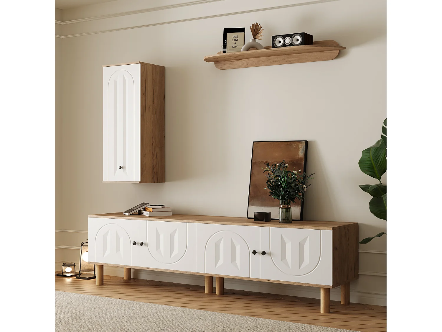 Meuble TV 3 en 1, design élégant avec portes sculptées, panneaux de particules, blanc et bois naturel (170x40x100 cm)