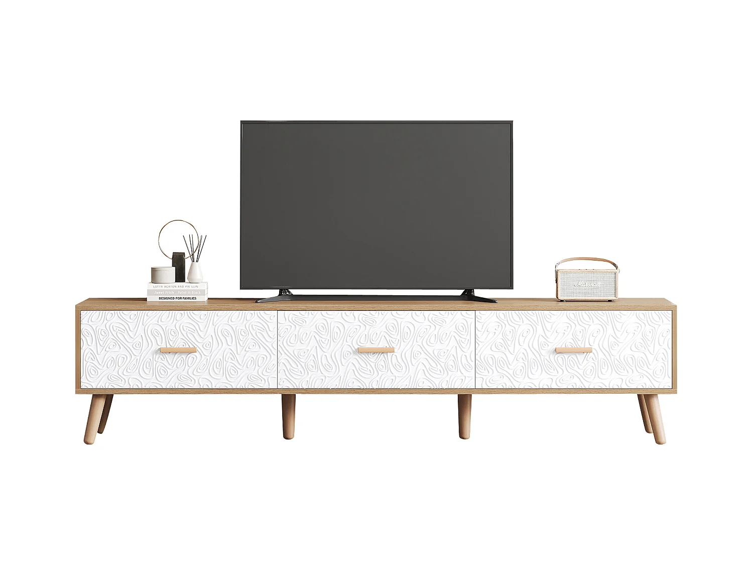 Meuble TV vintage à portes texturées, panneau de particules, blanc et bois clair, avec 3 tiroirs (150x35x39cm)