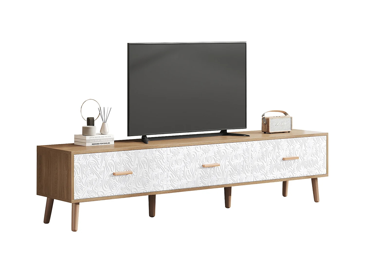 Meuble TV vintage à portes texturées, panneau de particules, blanc et bois clair, avec 3 tiroirs (150x35x39cm)