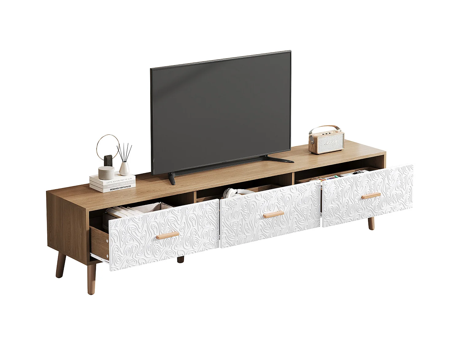 Meuble TV vintage à portes texturées, panneau de particules, blanc et bois clair, avec 3 tiroirs (150x35x39cm)