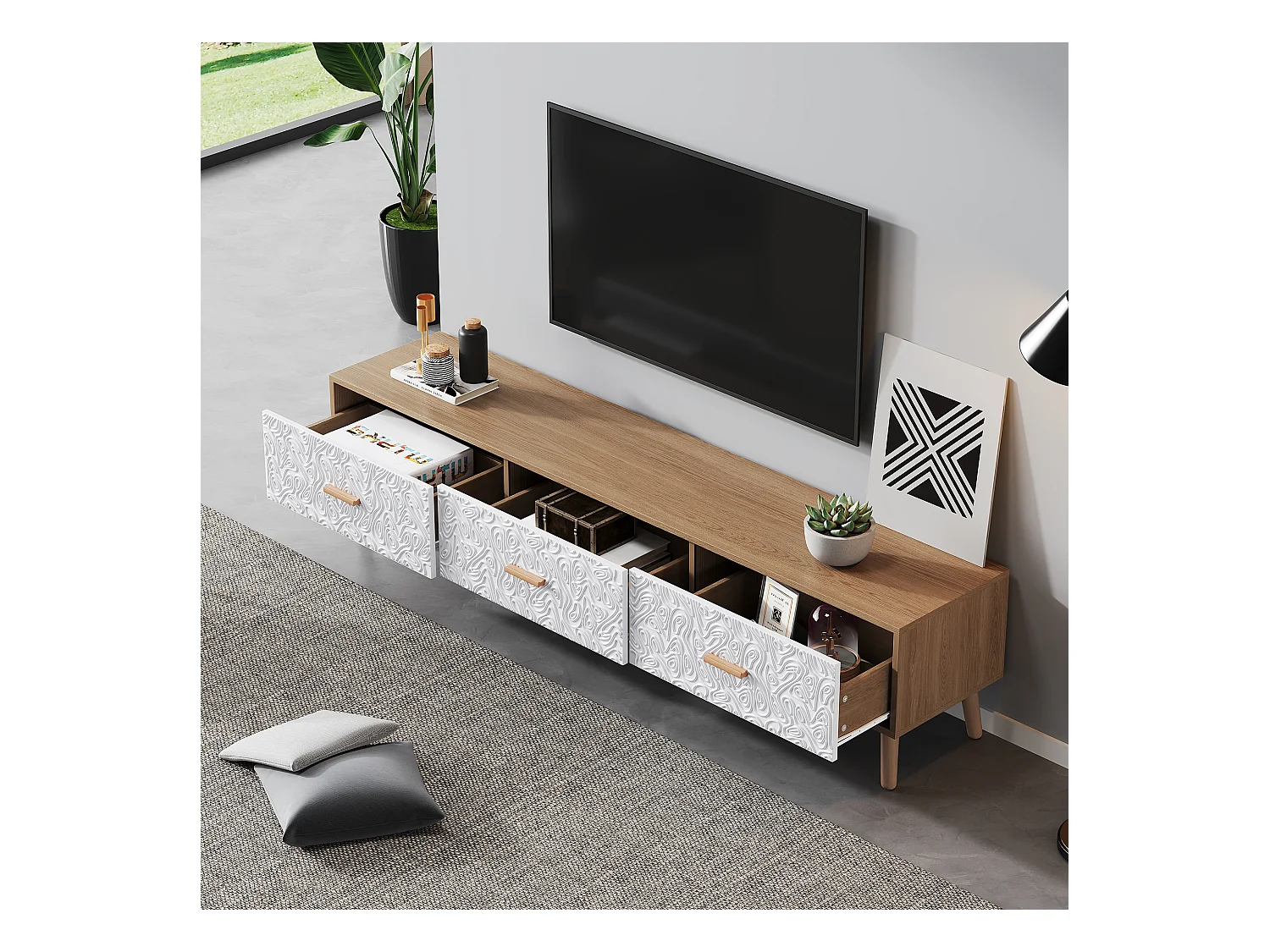 Meuble TV vintage à portes texturées, panneau de particules, blanc et bois clair, avec 3 tiroirs (150x35x39cm)