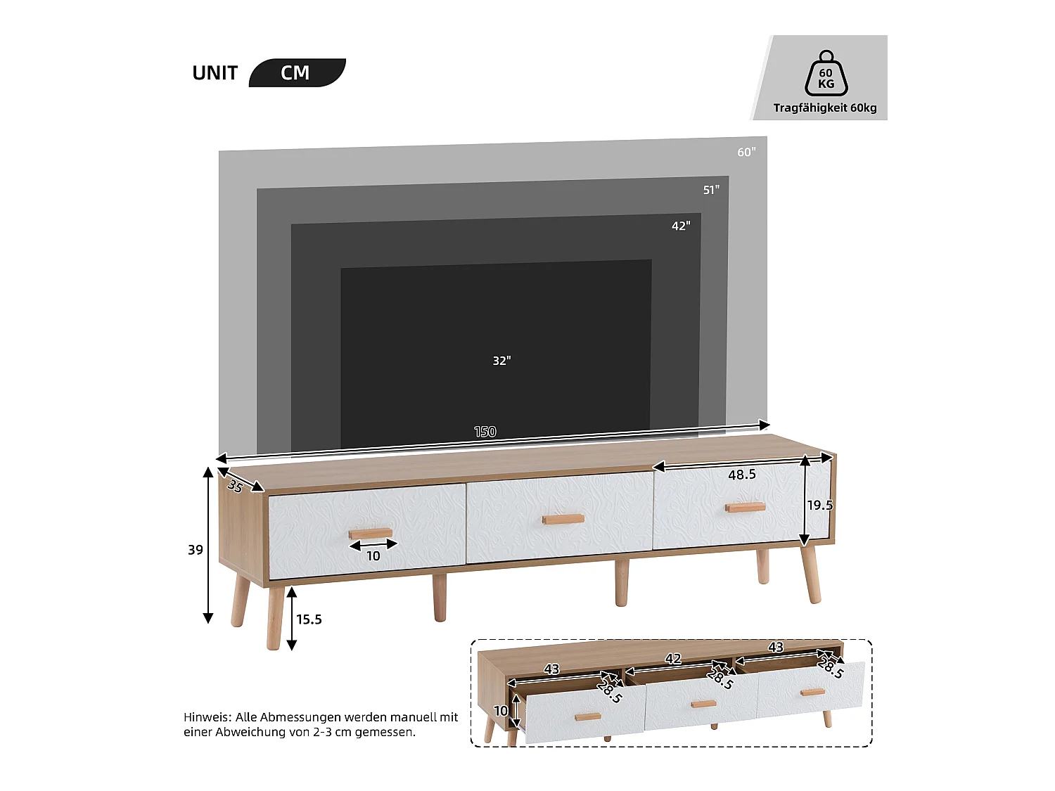 Meuble TV vintage à portes texturées, panneau de particules, blanc et bois clair, avec 3 tiroirs (150x35x39cm)
