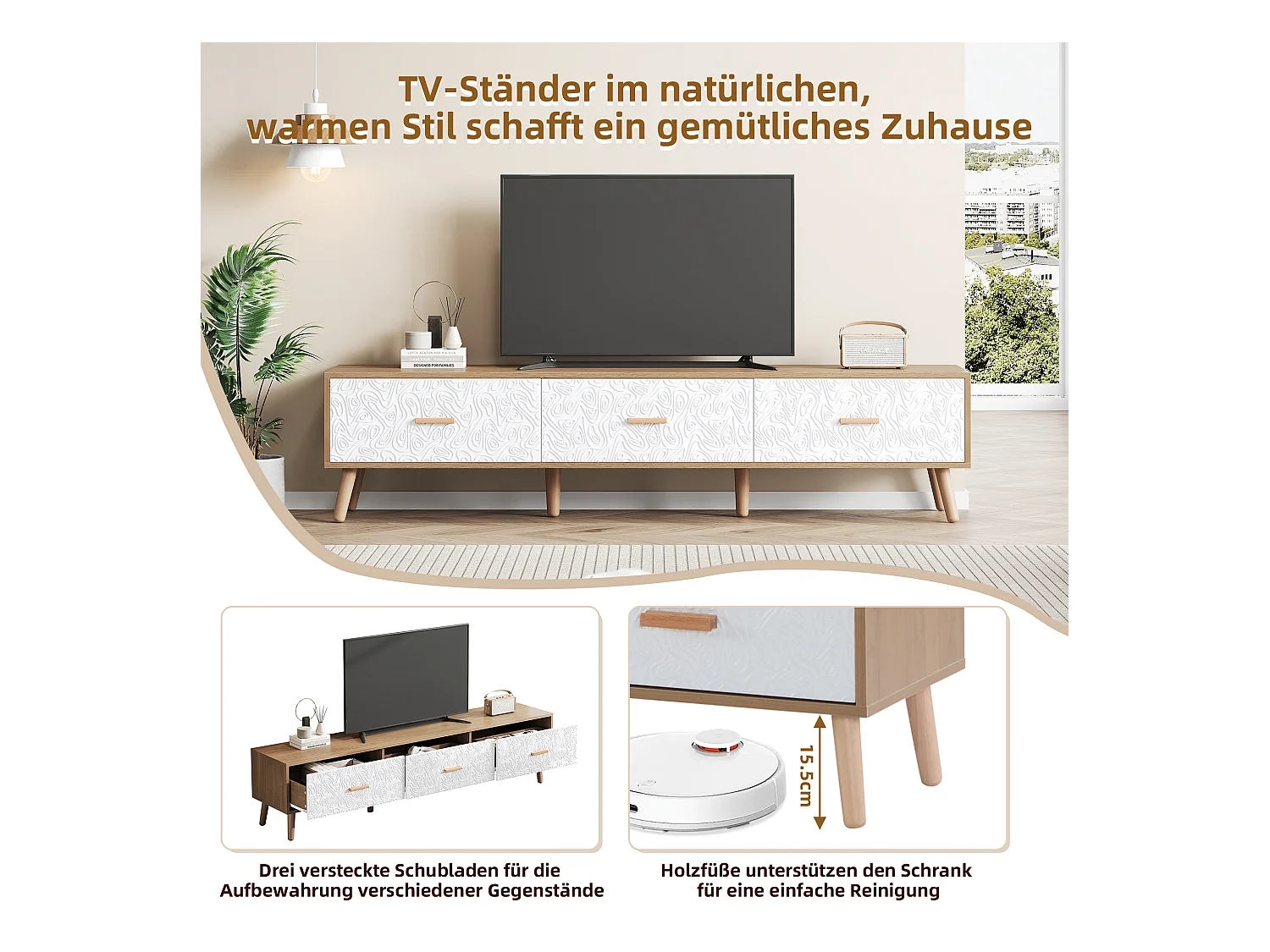 Meuble TV vintage à portes texturées, panneau de particules, blanc et bois clair, avec 3 tiroirs (150x35x39cm)