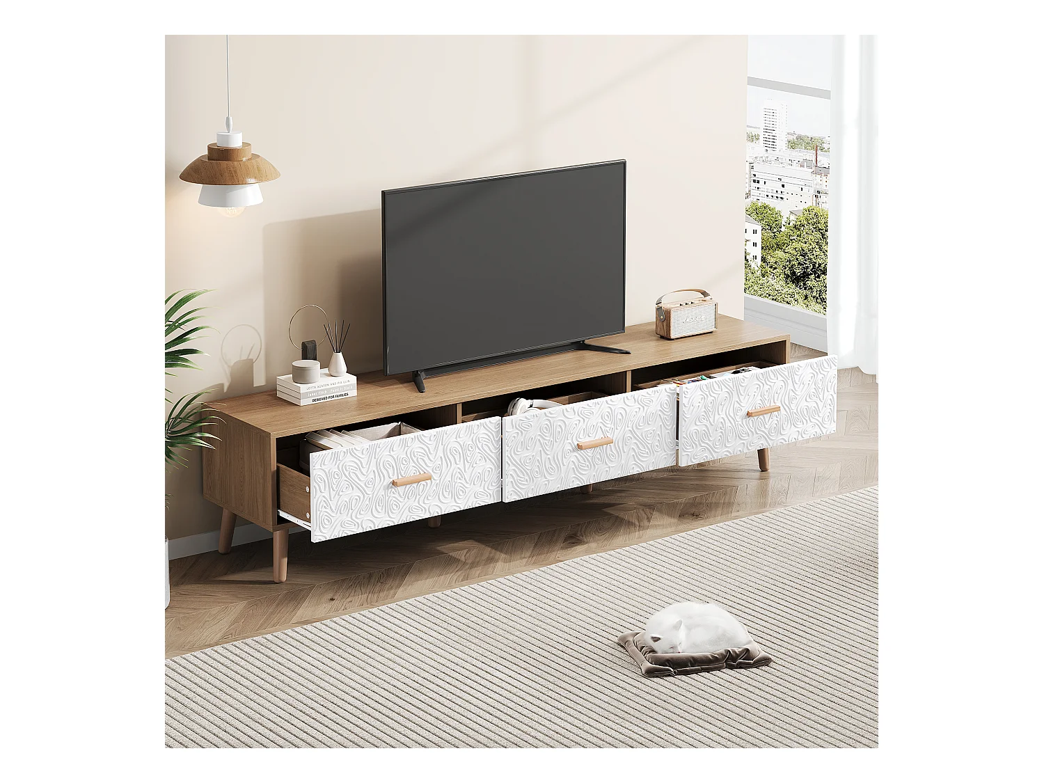 Meuble TV vintage à portes texturées, panneau de particules, blanc et bois clair, avec 3 tiroirs (150x35x39cm)