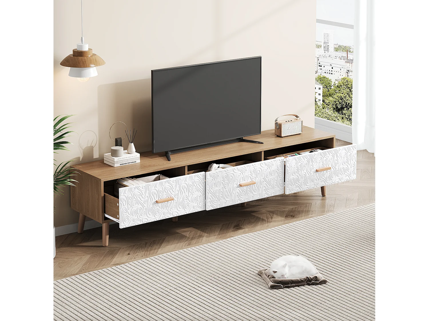 Meuble TV vintage à portes texturées, panneau de particules, blanc et bois clair, avec 3 tiroirs (150x35x39cm)