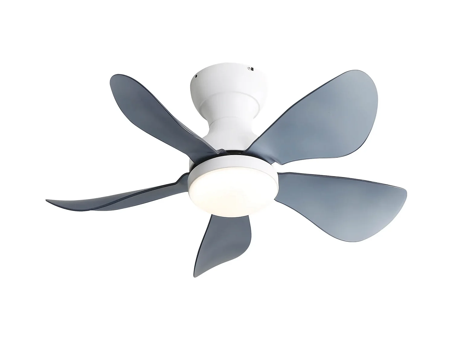 Ventilateur de plafond blanc avec éclairage LED intégré, 5 pales en ABS transparent, motorisation DC, montage flush (73.66x73.66x29.97cm)