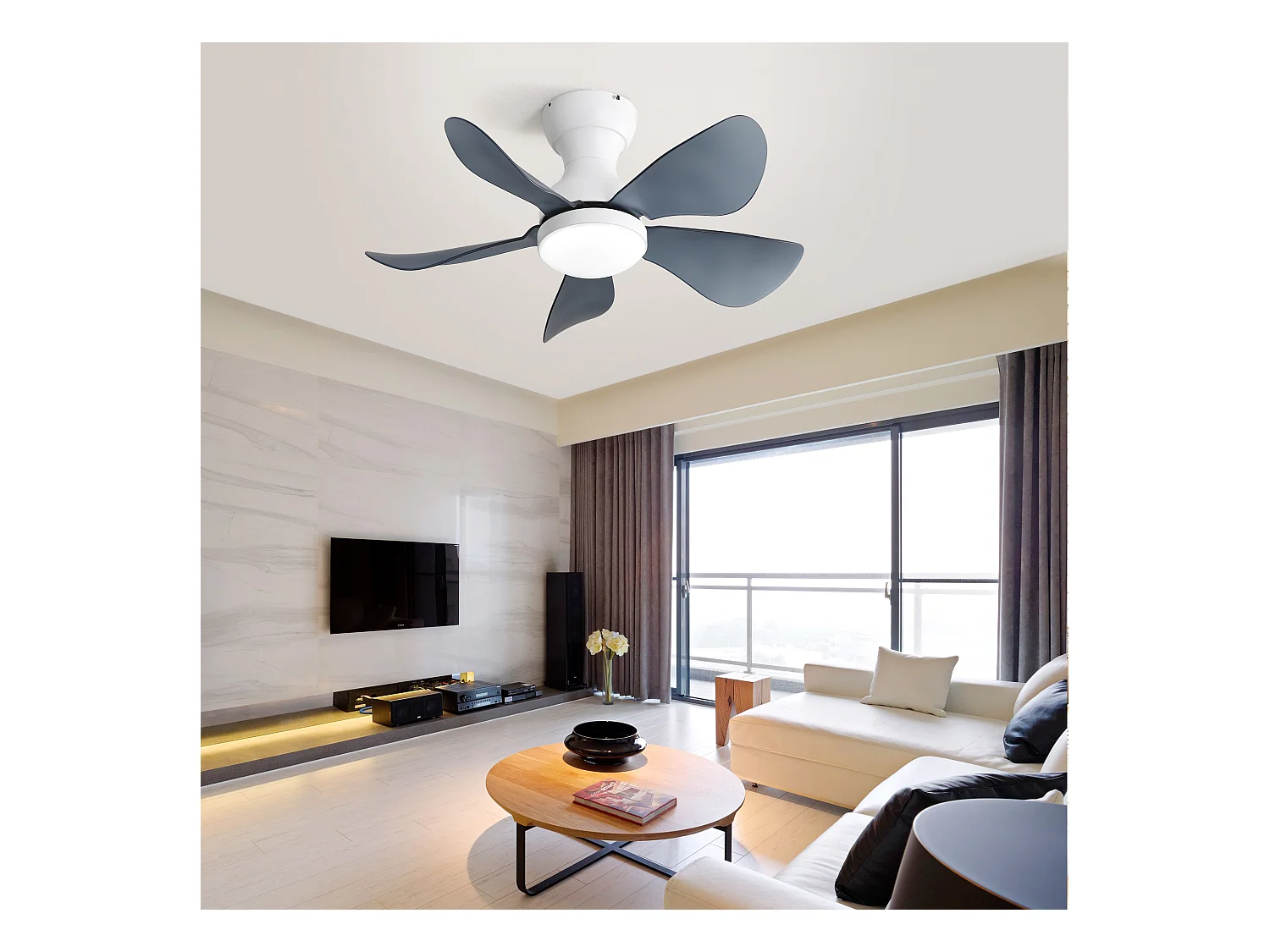 Ventilateur de plafond blanc avec éclairage LED intégré, 5 pales en ABS transparent, motorisation DC, montage flush (73.66x73.66x29.97cm)