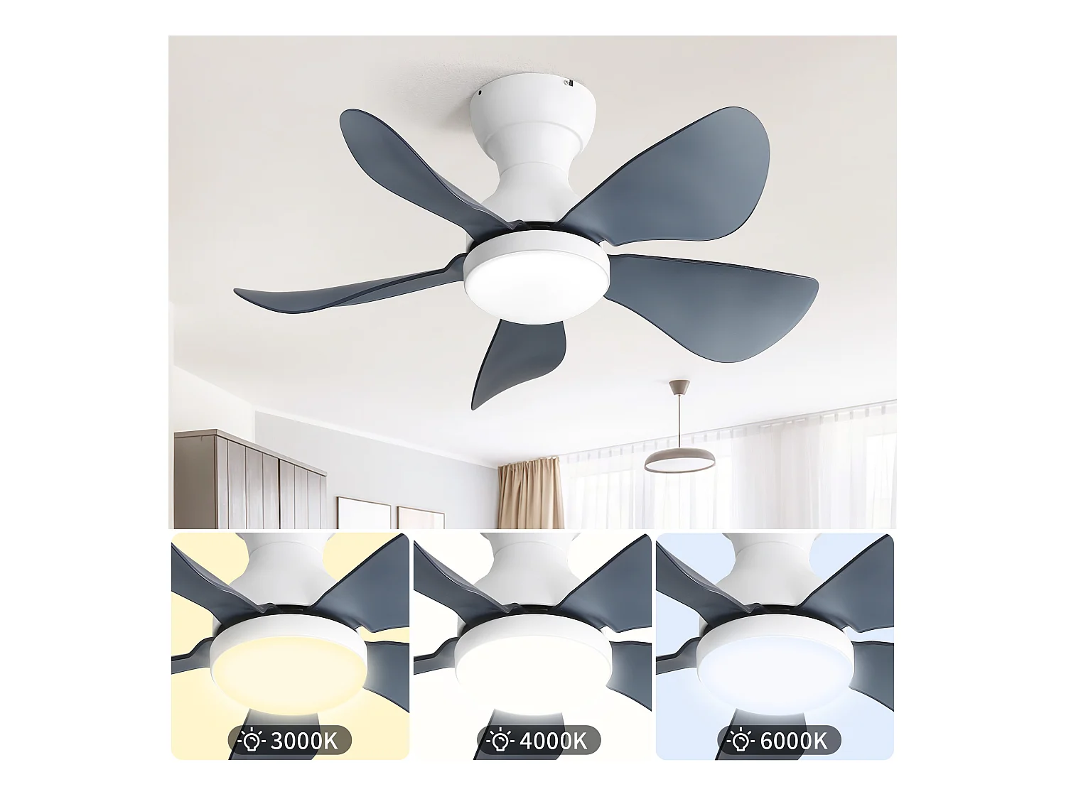 Ventilateur de plafond blanc avec éclairage LED intégré, 5 pales en ABS transparent, motorisation DC, montage flush (73.66x73.66x29.97cm)