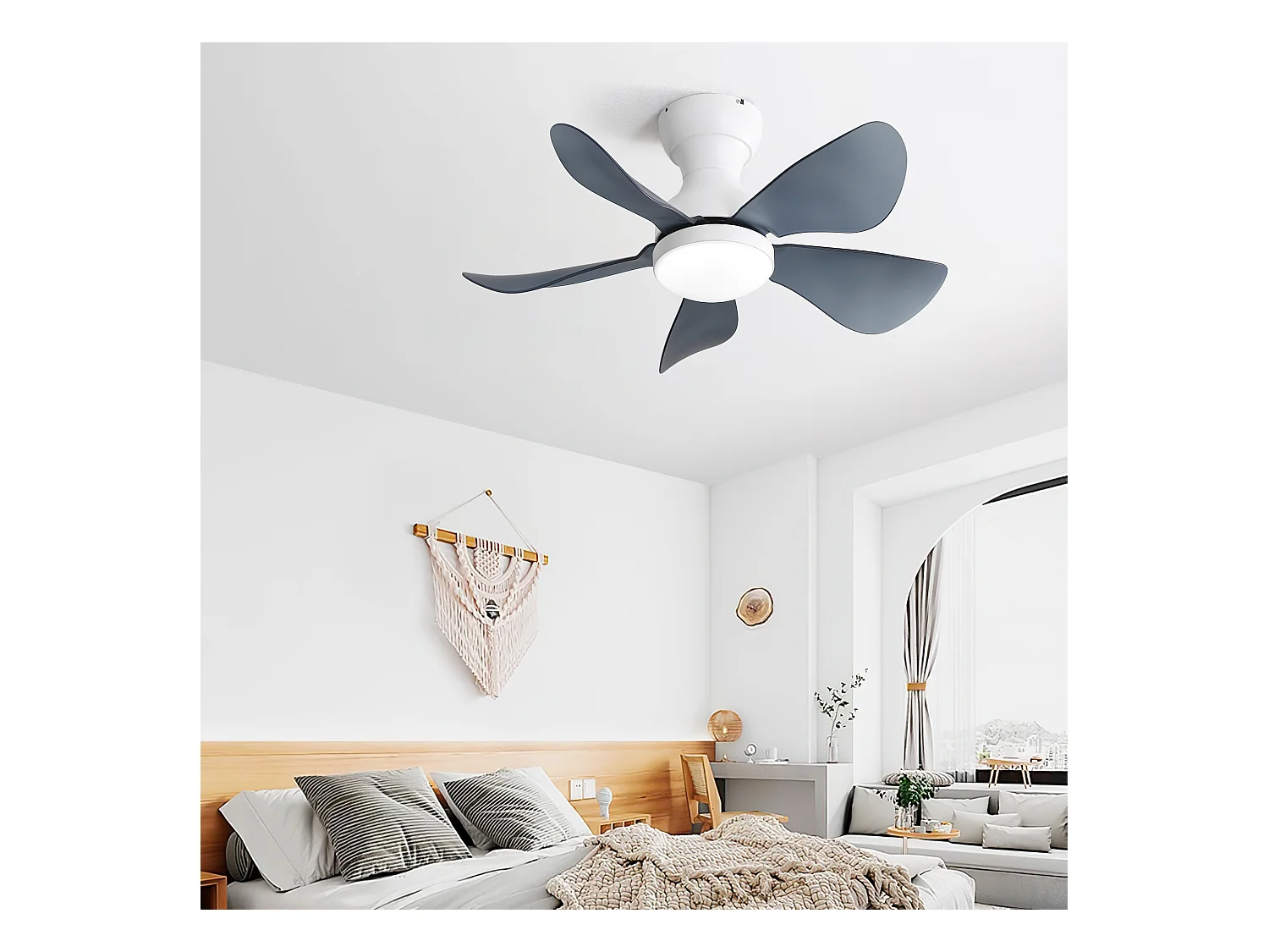 Ventilateur de plafond blanc avec éclairage LED intégré, 5 pales en ABS transparent, motorisation DC, montage flush (73.66x73.66x29.97cm)