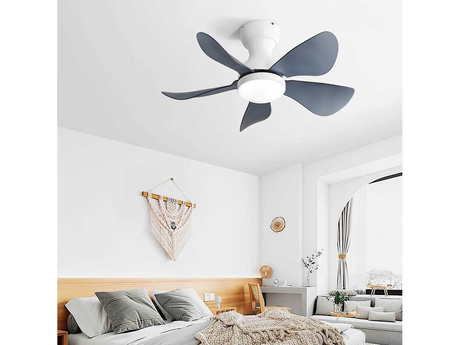 Ventilateur de plafond blanc avec éclairage LED intégré, 5 pales en ABS transparent, motorisation DC, montage flush (73.66x73.66x29.97cm)