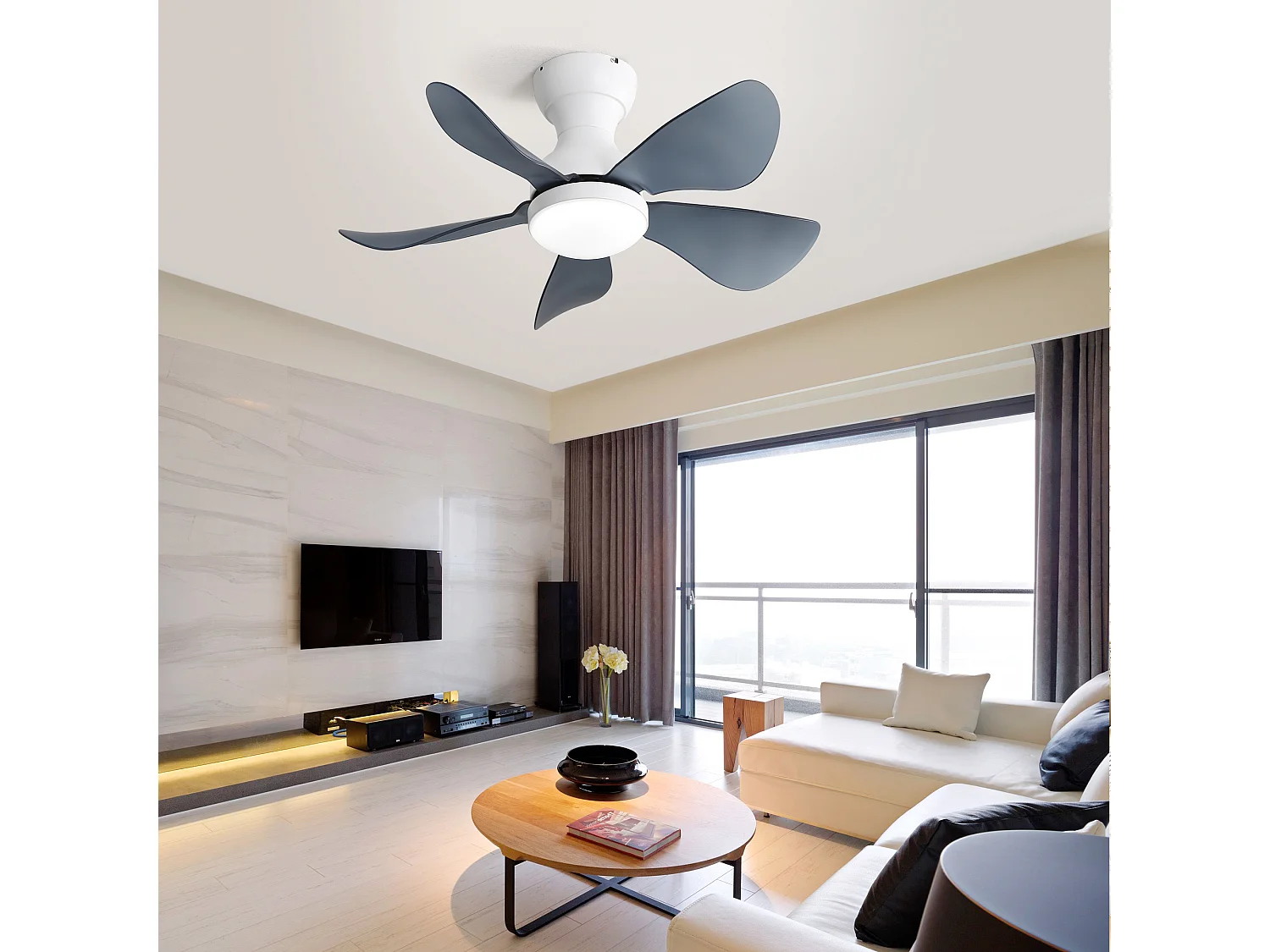 Ventilateur de plafond blanc avec éclairage LED intégré, 5 pales en ABS transparent, motorisation DC, montage flush (73.66x73.66x29.97cm)