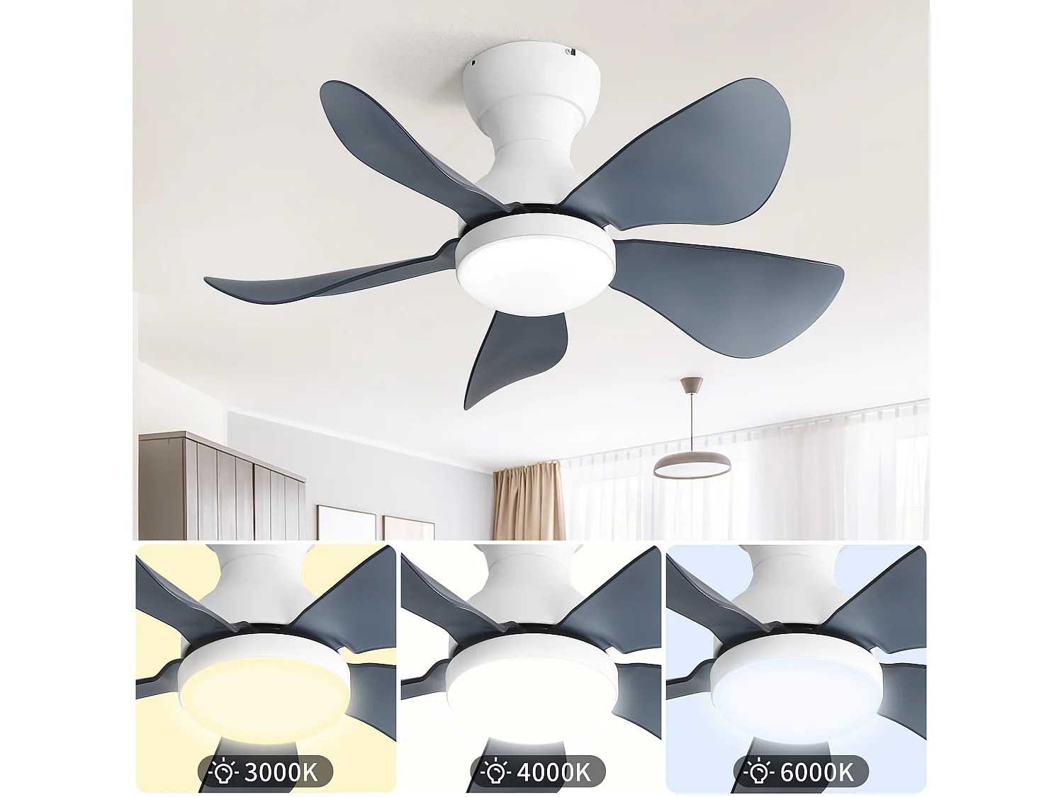 Ventilateur de plafond blanc avec éclairage LED intégré, 5 pales en ABS transparent, motorisation DC, montage flush (73.66x73.66x29.97cm)