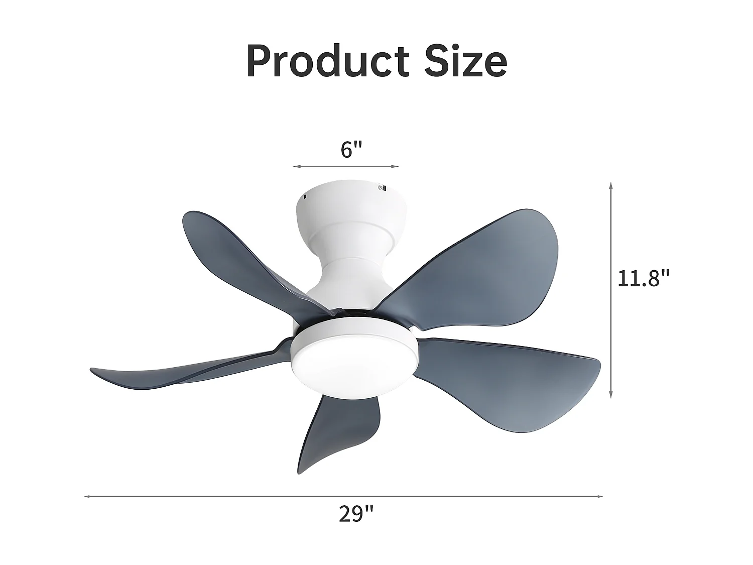 Ventilateur de plafond blanc avec éclairage LED intégré, 5 pales en ABS transparent, motorisation DC, montage flush (73.66x73.66x29.97cm)