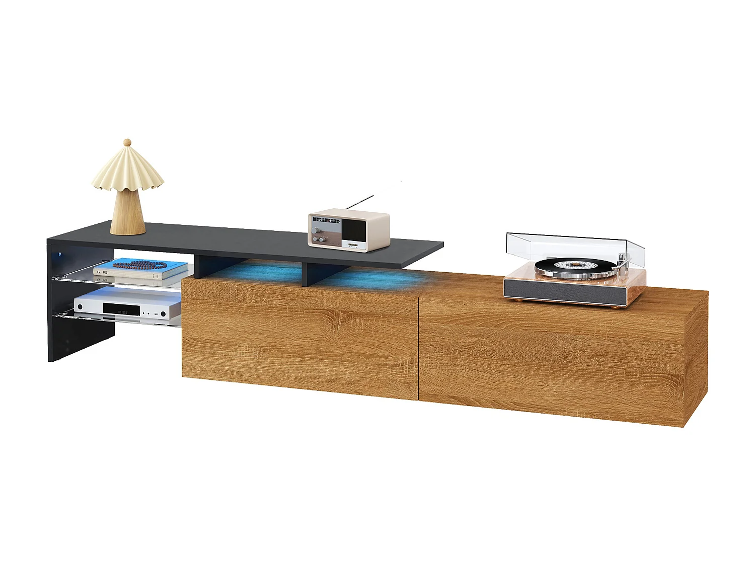 Meuble TV design moderne, élégant avec rangement pratique, noir et bois, plateaux en verre et éclairage LED (170x33x33.5 cm)